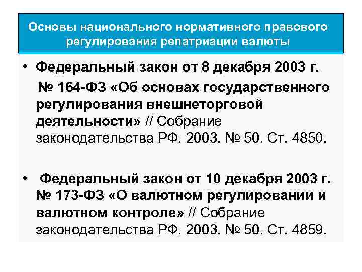 Основы национального нормативного правового регулирования репатриации валюты • Федеральный закон от 8 декабря 2003