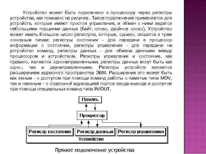 Устройство может быть подключено к процессору через регистры устройства, как показано на рисунке. Такое