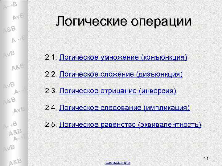 A→B Av. B A&B Логические операции A→B Av. B A&B Av. B A→B A&B