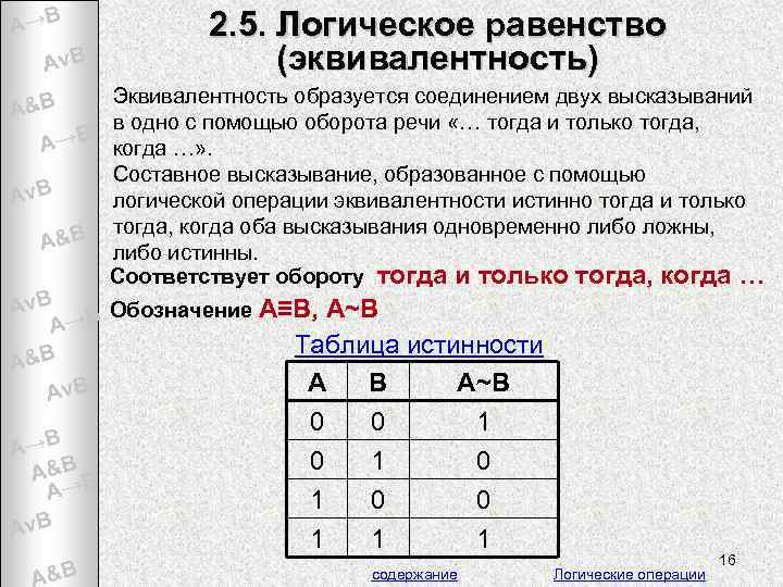 A→B Av. B 2. 5. Логическое равенство (эквивалентность) Эквивалентность образуется соединением двух высказываний в