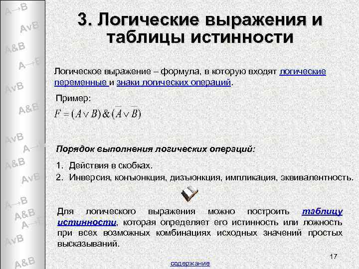 A→B Av. B A&B A&B 3. Логические выражения и таблицы истинности Логическое выражение –
