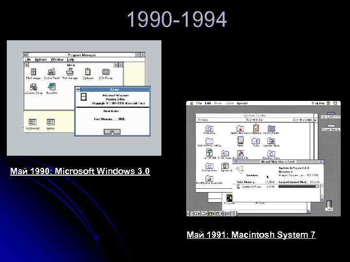 1990 -1994 Май 1990: Microsoft Windows 3. 0 Май 1991: Macintosh System 7 
