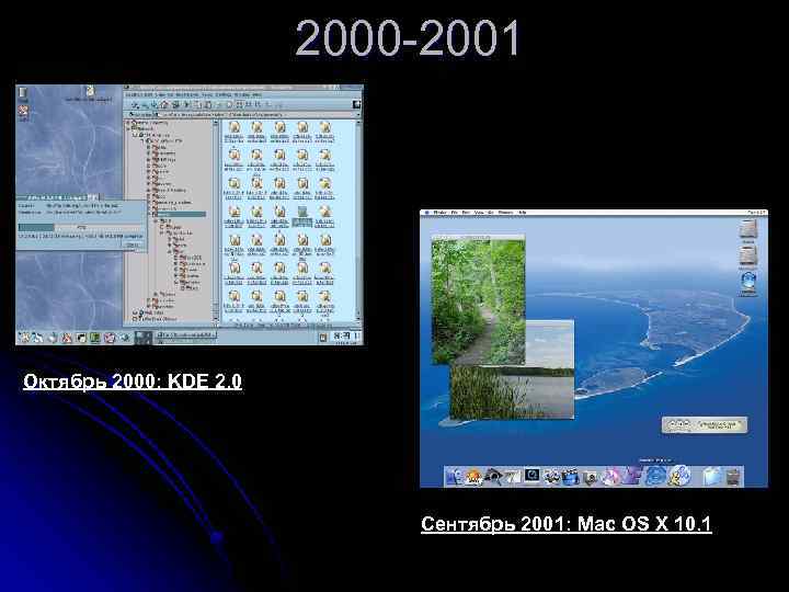 2000 -2001 Октябрь 2000: KDE 2. 0 Сентябрь 2001: Mac OS X 10. 1