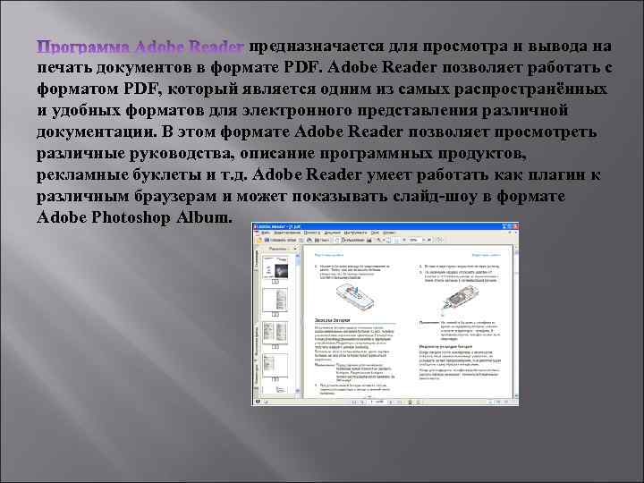 предназначается для просмотра и вывода на печать документов в формате PDF. Adobe Reader позволяет