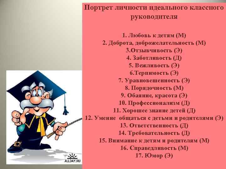 Портрет личности идеального классного руководителя 1. Любовь к детям (М) 2. Доброта, доброжелательность (М)