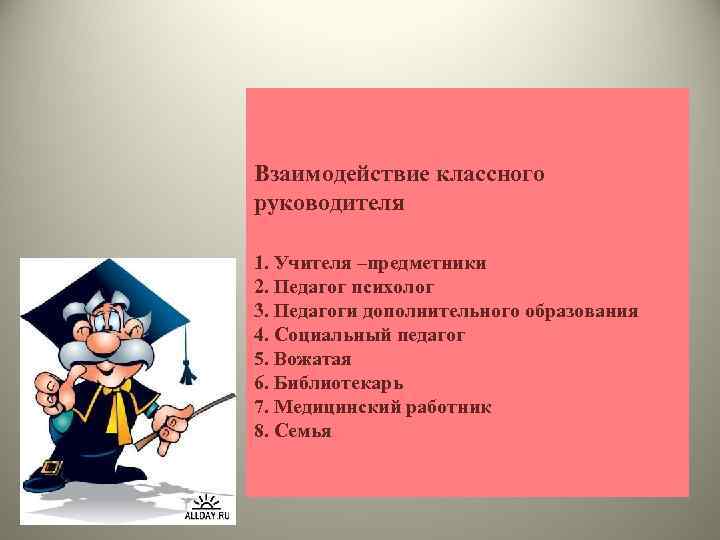 Взаимодействие классного руководителя 1. Учителя –предметники 2. Педагог психолог 3. Педагоги дополнительного образования 4.