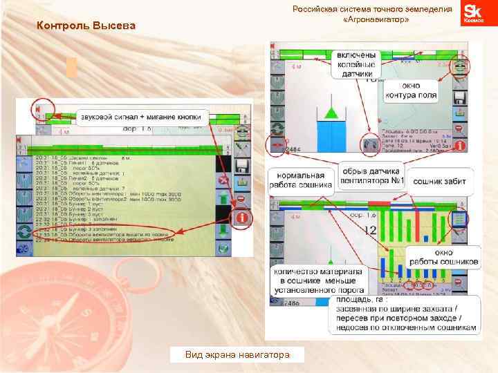 Российская система точного земледелия «Агронавигатор» Контроль Высева Вид экрана навигатора 