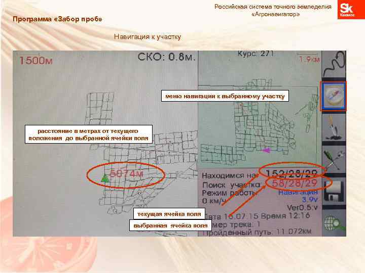 Российская система точного земледелия «Агронавигатор» Программа «Забор проб» Навигация к участку меню навигации к