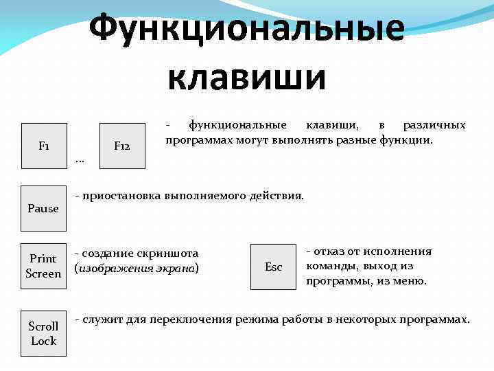 Функциональные клавиши F 1 Pause Print Screen Scroll Lock … F 12 функциональные клавиши,