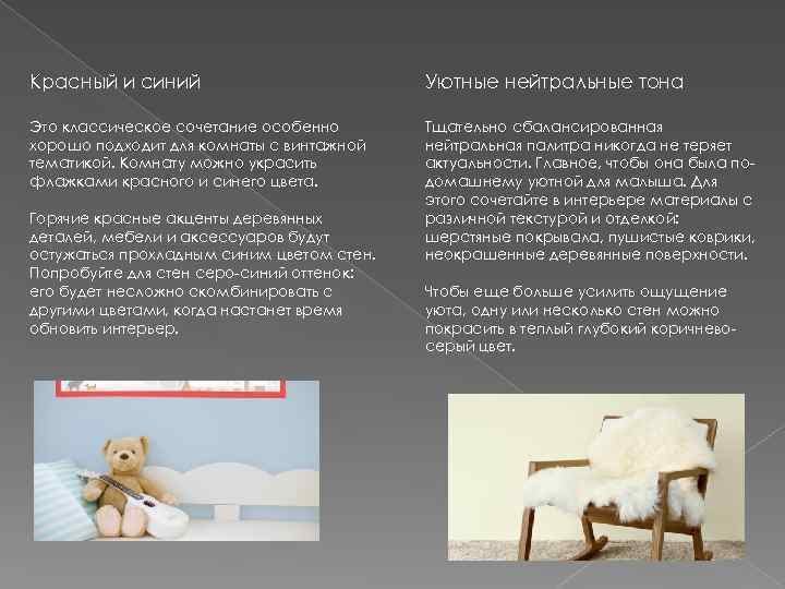 Красный и синий Уютные нейтральные тона Это классическое сочетание особенно хорошо подходит для комнаты