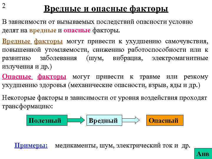 2 Вредные и опасные факторы В зависимости от вызываемых последствий опасности условно делят на