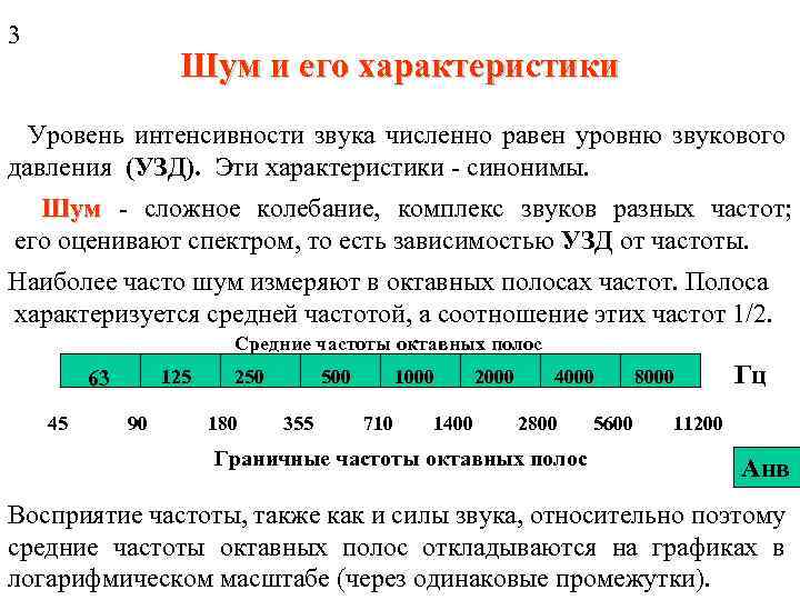 3 Шум и его характеристики Уровень интенсивности звука численно равен уровню звукового давления (УЗД).