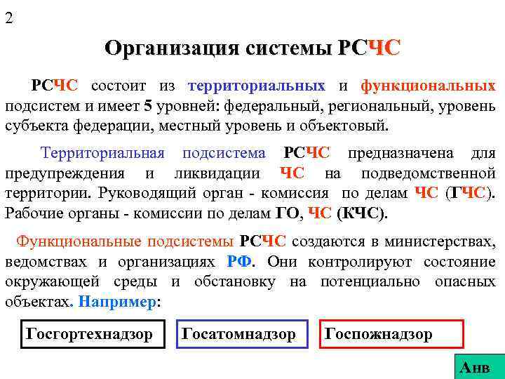 2 Организация системы РСЧС состоит из территориальных и функциональных подсистем и имеет 5 уровней: