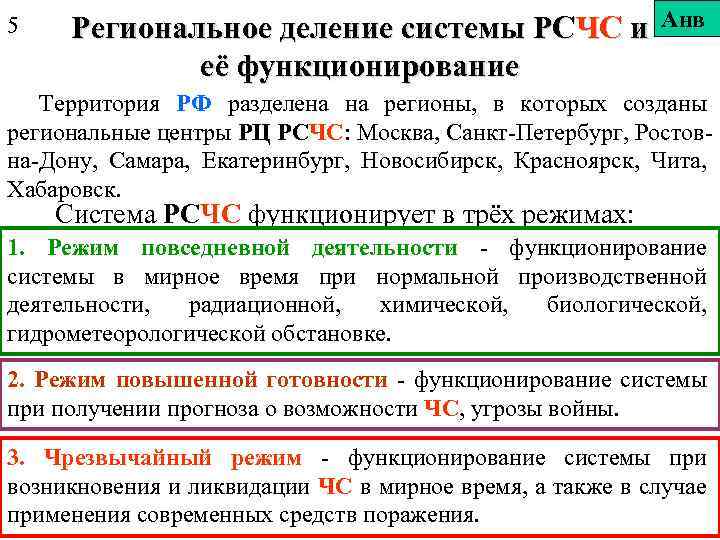 5 Региональное деление системы РСЧС и её функционирование Анв Территория РФ разделена на регионы,