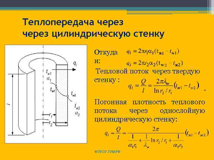 Теплопередача через цилиндрическую стенку Откуда и: Тепловой поток через твердую стенку : . Погонная