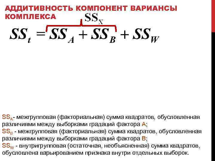 АДДИТИВНОСТЬ КОМПОНЕНТ ВАРИАНСЫ КОМПЛЕКСА SSA- межгрупповая (факториальная) сумма квадратов, обусловленная различиями между выборками градаций