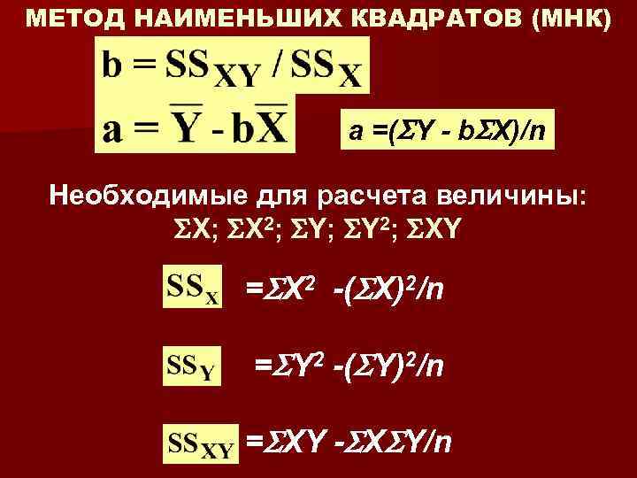 МЕТОД НАИМЕНЬШИХ КВАДРАТОВ (МНК) a =( Y - b X)/n Необходимые для расчета величины: