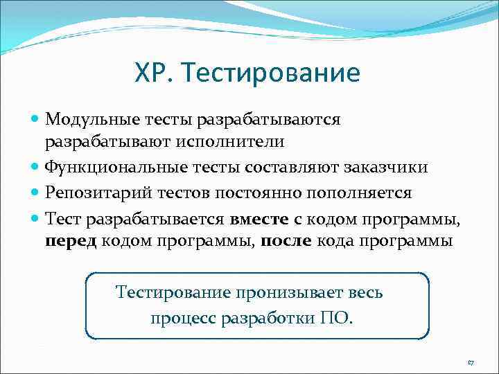 ХР. Тестирование Модульные тесты разрабатываются разрабатывают исполнители Функциональные тесты составляют заказчики Репозитарий тестов постоянно