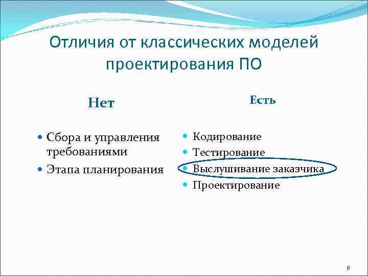 Отличия от классических моделей проектирования ПО Есть Нет Сбора и управления требованиями Этапа планирования