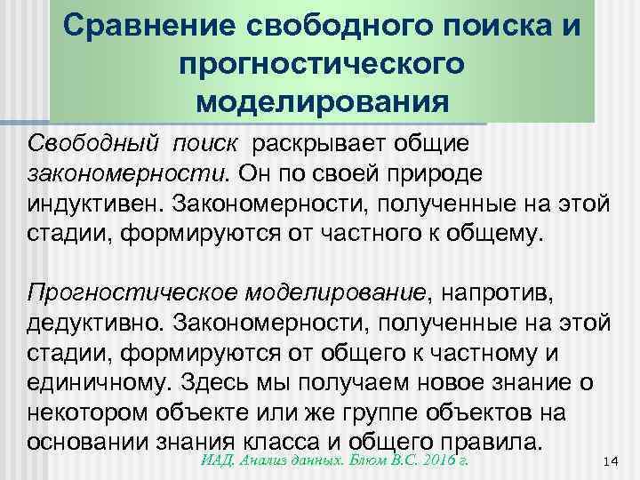 Сравнение свободного поиска и прогностического моделирования Свободный поиск раскрывает общие закономерности. Он по своей