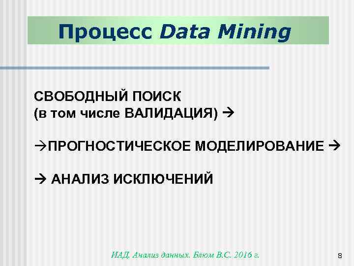 Процесс Data Mining СВОБОДНЫЙ ПОИСК (в том числе ВАЛИДАЦИЯ) àПРОГНОСТИЧЕСКОЕ МОДЕЛИРОВАНИЕ АНАЛИЗ ИСКЛЮЧЕНИЙ ИАД.