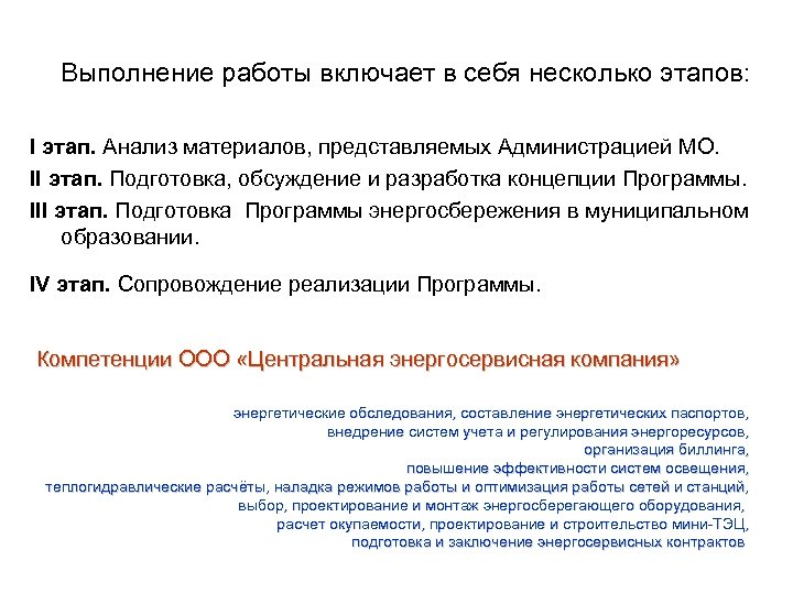 Выполнение работы включает в себя несколько этапов: I этап. Анализ материалов, представляемых Администрацией МО.