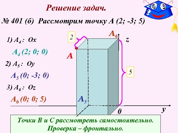 Решение задач. № 401 (б) Рассмотрим точку А (2; -3; 5) 1) A 4