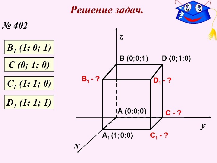 Решение задач. № 402 z В 1 (1; 0; 1) B (0; 0; 1)