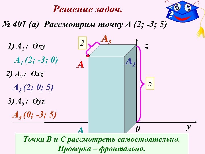 Решение задач. № 401 (а) Рассмотрим точку А (2; -3; 5) 1) A 1