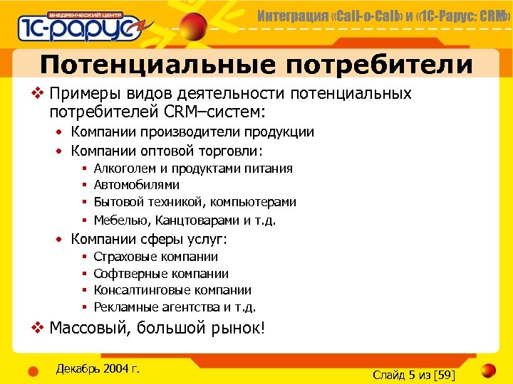 Интеграция «Call-o-Call» и « 1 С-Рарус: CRM» Потенциальные потребители v Примеры видов деятельности потенциальных
