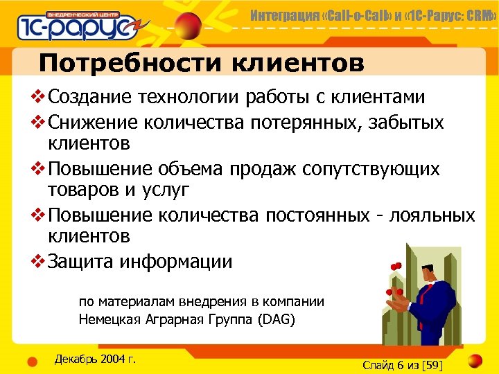 Интеграция «Call-o-Call» и « 1 С-Рарус: CRM» Потребности клиентов v Создание технологии работы с