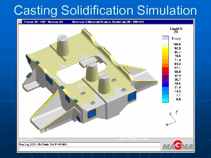 Casting Solidification Simulation Showing liquid above 15%. View angle x/y/z: 32/40/135 