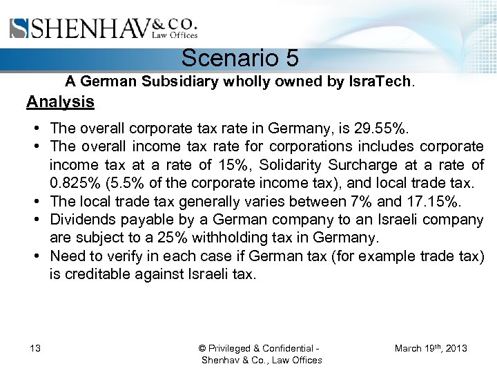 Scenario 5 A German Subsidiary wholly owned by Isra. Tech. Analysis • • •