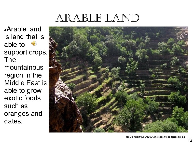 arable land Arable land is land that is able to support crops. The mountainous