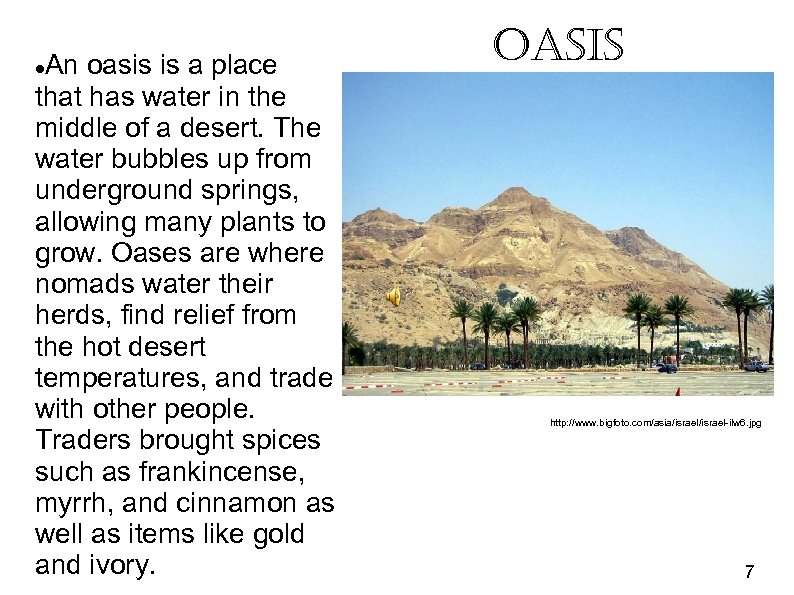 An oasis is a place that has water in the middle of a desert.