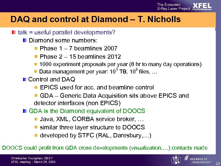 The European X-Ray Laser Project XFEL X-Ray Free-Electron Laser DAQ and control at Diamond