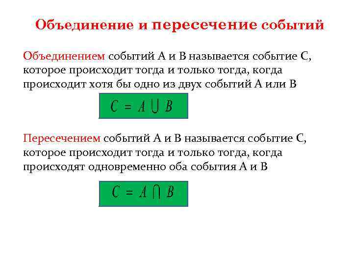 Объединение и пересечение событий Объединением событий А и В называется событие С, которое происходит