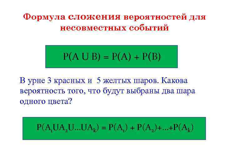 Формула сложения вероятностей для несовместных событий Р(А U В) = Р(А) + Р(В) В