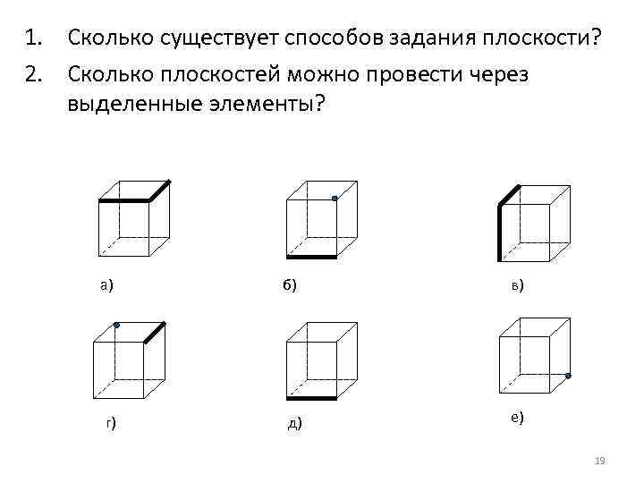 1. Сколько существует способов задания плоскости? 2. Сколько плоскостей можно провести через выделенные элементы?