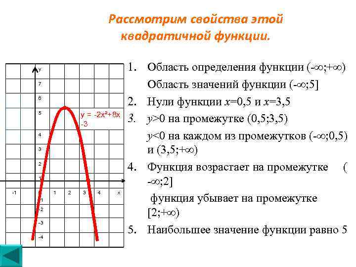 Рассмотрим свойства этой квадратичной функции. у 7 6 у = -2 х²+8 х -3