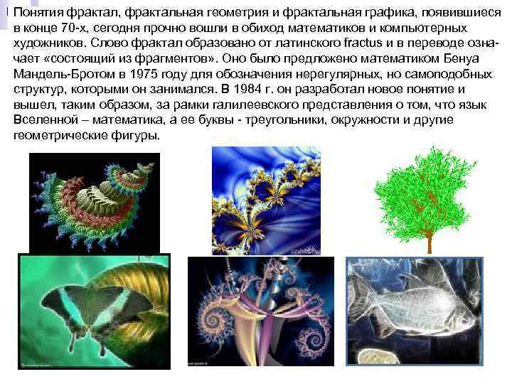 Понятия фрактал, фрактальная геометрия и фрактальная графика, появившиеся в конце 70 -х, сегодня прочно