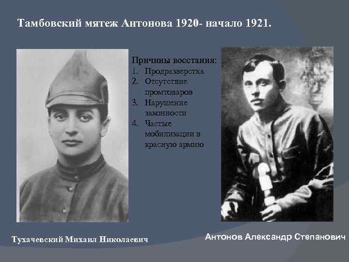 Тамбовский мятеж Антонова 1920 - начало 1921. Причины восстания: 1. Продразверстка 2. Отсутствие промтоваров