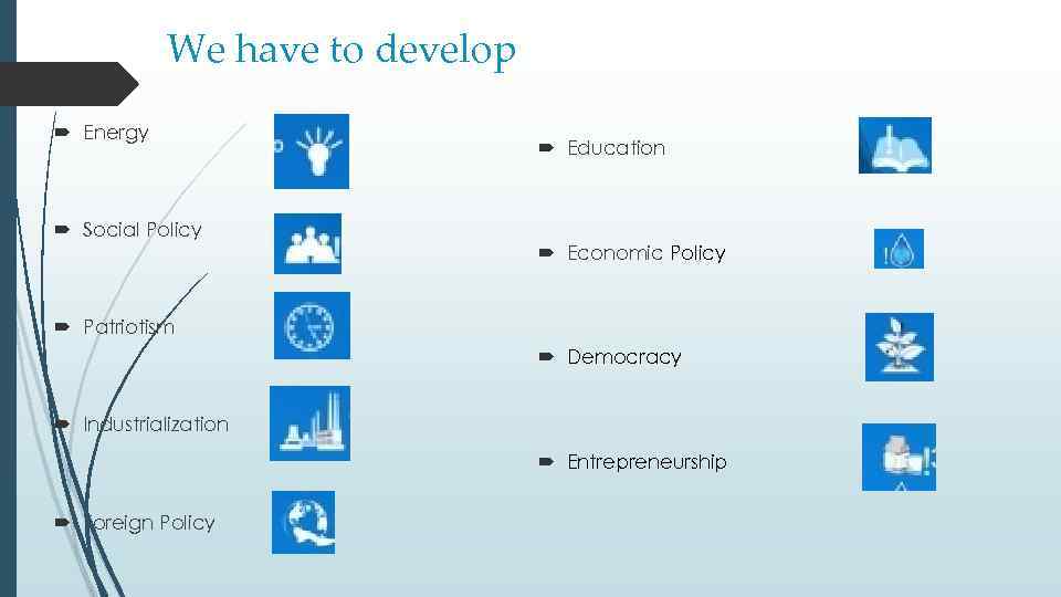 We have to develop Energy Social Policy Education Economic Policy Patriotism Democracy Industrialization Entrepreneurship