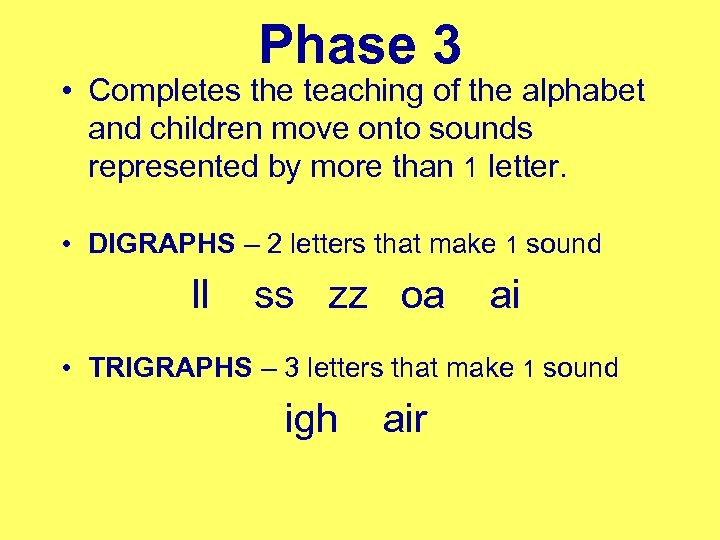 Phase 3 • Completes the teaching of the alphabet and children move onto sounds