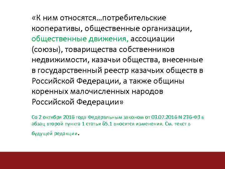  «К ним относятся…потребительские кооперативы, общественные организации, общественные движения, ассоциации (союзы), товарищества собственников недвижимости,