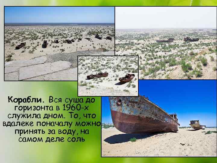 Корабли. Вся суша до горизонта в 1960 -х служила дном. То, что вдалеке поначалу