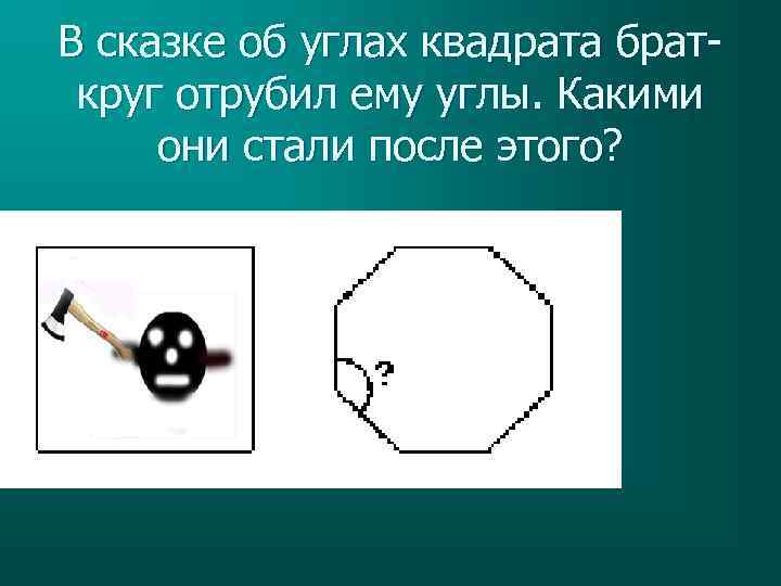 В сказке об углах квадрата браткруг отрубил ему углы. Какими они стали после этого?