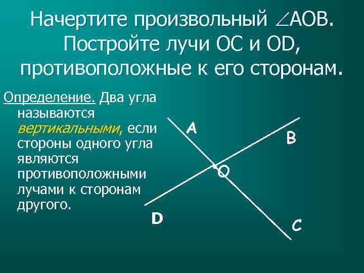 Начертите произвольный AOB. Постройте лучи OC и OD, противоположные к его сторонам. D А