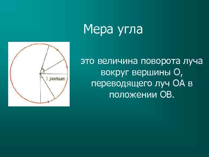 Мера угла A O это величина поворота луча вокруг вершины О, переводящего луч ОА