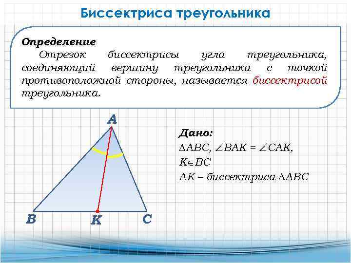 Биссектриса треугольника Определение Отрезок биссектрисы угла треугольника, соединяющий вершину треугольника с точкой противоположной стороны,